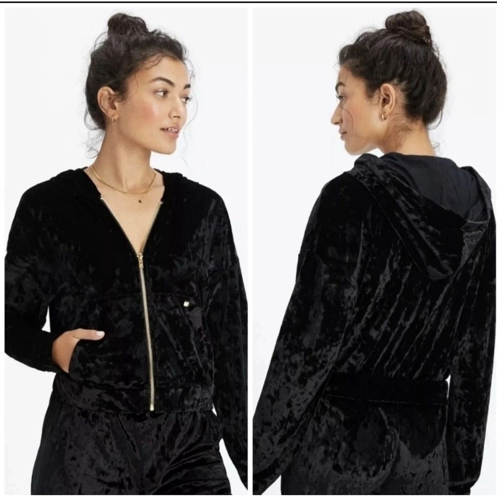 Fabletics‎ Jacket Hoodie Womens 1X Plus Activewear Black Velour Crushed Velvet